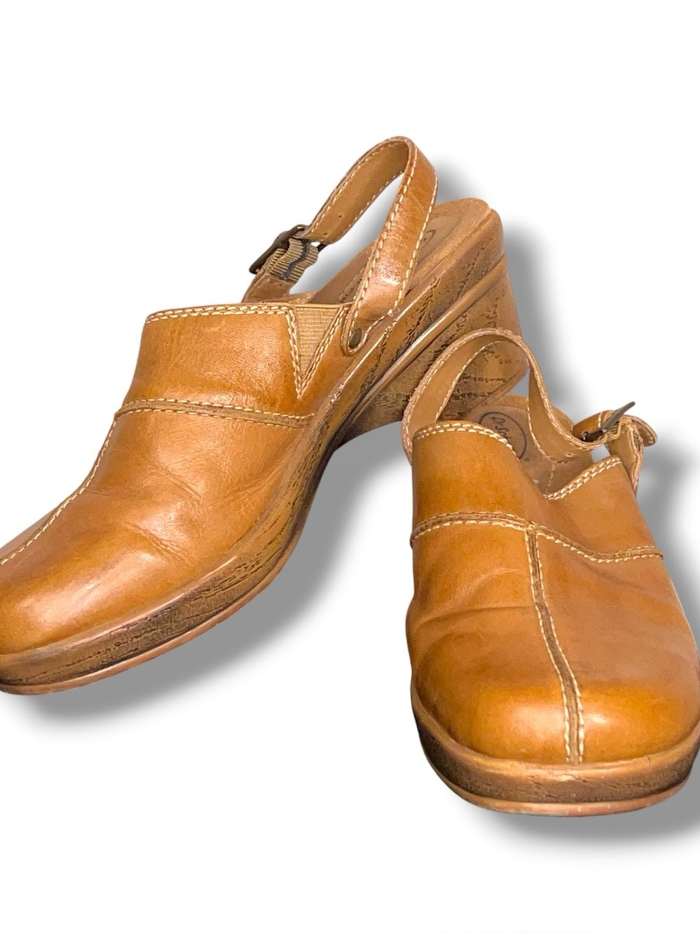 Size 7 Dr Scholls Tan Brown Leather Clogs Slip On Boho Bohemian Wedge Heel